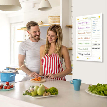 Yeoux Clear Glass Golden Weekly & Menu Dry Erase Calendar Board 15“x11 | Wall Mount, Non-Magnetic, Meal Planning & Grocery Shopping List Whiteboard for Kitchen & Home, 4 Markers