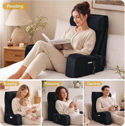 Sasttie 15-25 inch Adjustable Reading Pillow with Armrests, Dark Grey | Back Rest Pillow with Secure Side Straps, Memory Foam Back Support Cushion Bed Chair for Reading, Gaming & Relaxing