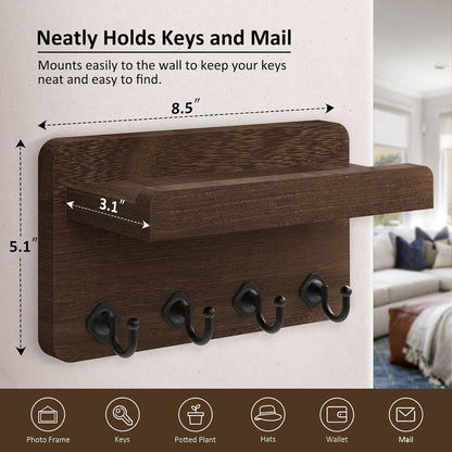 Nekon Key Holder Wall Mount, 8.5 Inch Small Wooden Wall Organizer, Black | Rustic Wall Shelf, Farmhouse Key and Mail Holder for Living Room Entryway Kitchen