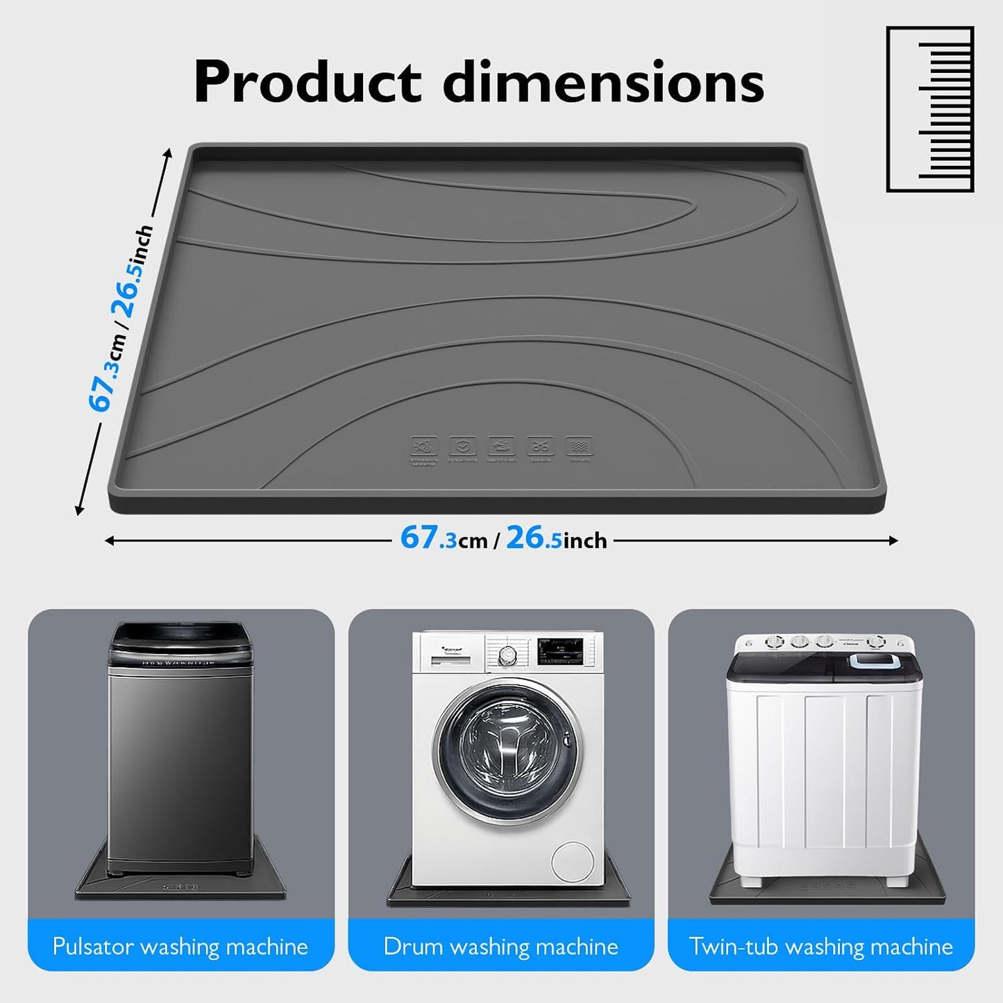 Washing Machine Drain Pan Silicone Mat,53.5x26.8inch Non-Slip Waterproof Washer Tray,Raised Edge Drip Mat for Under Dryer or Washer,Anti-Vibration,Floor Leak Protector for Laundry Room