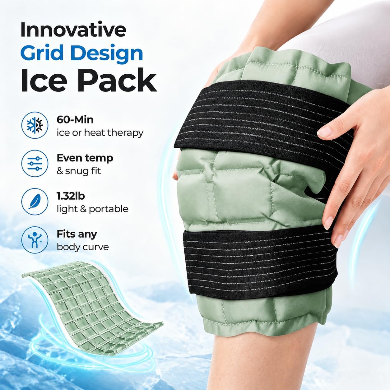 WORLD-BIO Ice Packs for Injuries Reusable, Knee Ice Pack Wrap with Straps, Gel Ice Wrap for Leg Pain Relief, Hot & Cold Compress Therap for Swelling, Water Soak Needed, Light Blue, 1Pack