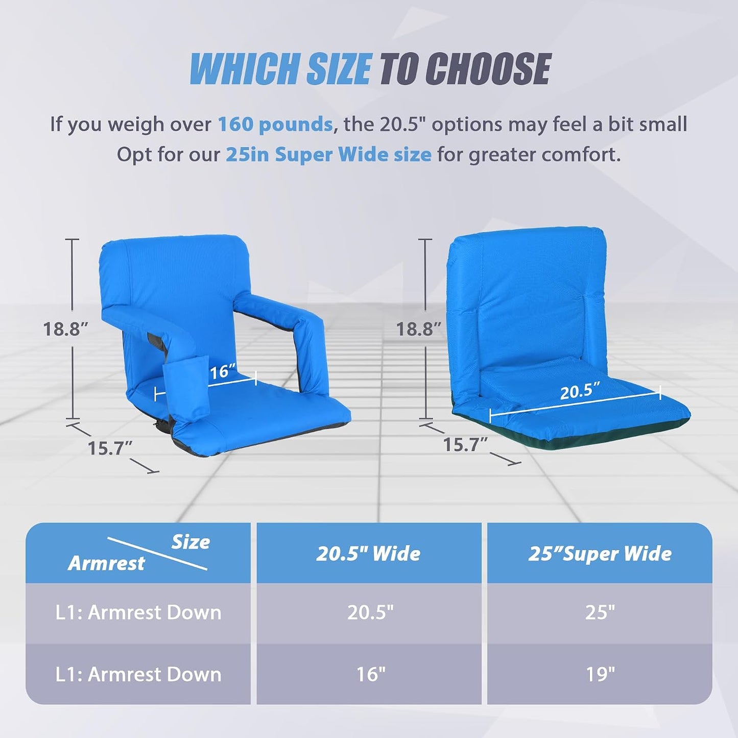 20.5"/25" Wide Stadium Seat for Bleachers w/Back Support Padded Cushion Portable Reclining Bleacher Seats Camping Stadium Chair Waterproof