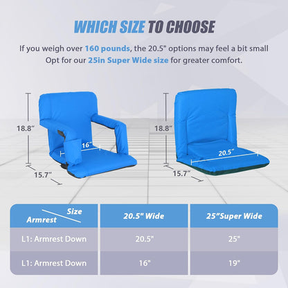 20.5"/25" Wide Stadium Seat for Bleachers w/Back Support Padded Cushion Portable Reclining Bleacher Seats Camping Stadium Chair Waterproof