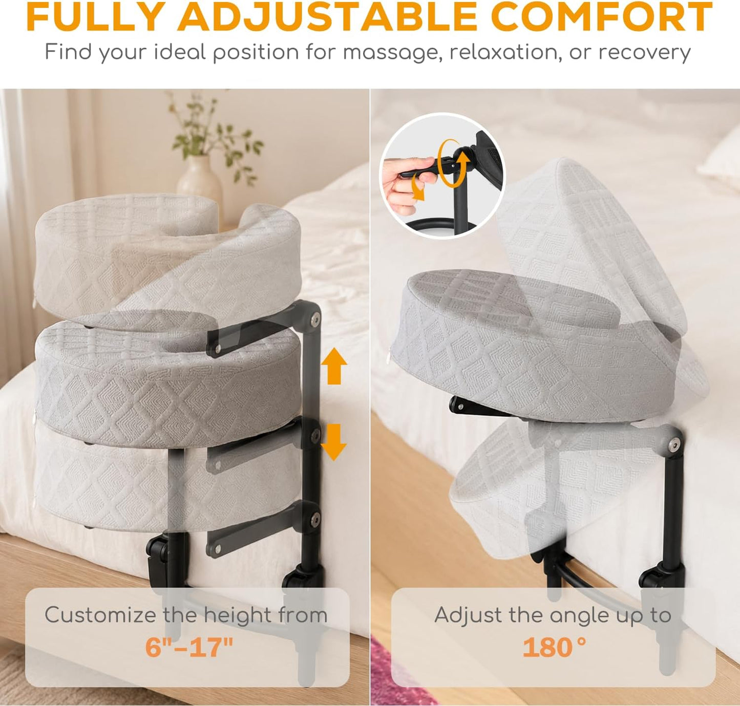 Massage Headrest for Bed, Adjustable Bed Face Cradle Holder with Armrest | Fits 6"-17" Mattresses, Adjustable Height & Angle, Comfortable Face-Down Support, Quick Tool-Free Setup, Foldable Design