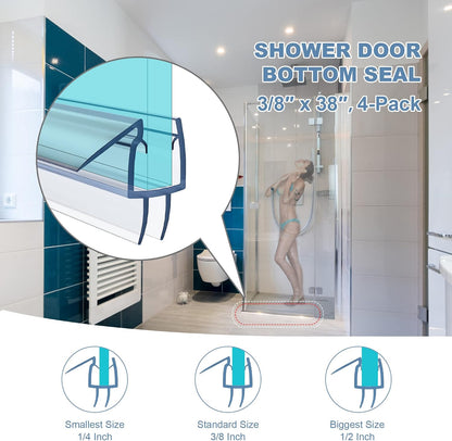 4 Pack Shower Door Bottom Seal Strip for 3/8 Inch Glass Door | Clear PVC shower door seal strip for 3/8 inch frameless glass doors, helps block water leaks and keep floors dry.