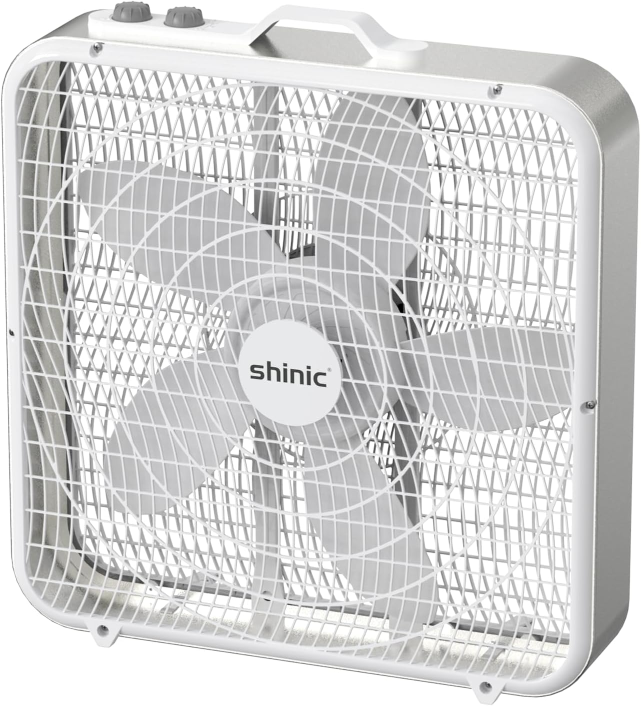 shinic 20” Box Fan with Thermostat for Bedroom, 3-Speed Portable Floor Fan with Carry Handle, Powerful Airflow, 5 Blades, Window Fan and Cooling Fan for Home, Office, Garage, Basement, White