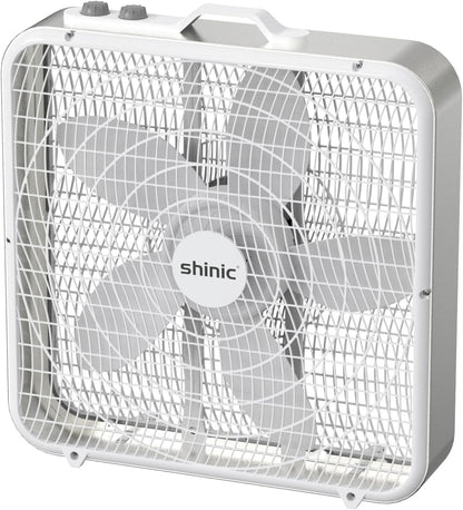 shinic 20” Box Fan with Thermostat for Bedroom, 3-Speed Portable Floor Fan with Carry Handle, Powerful Airflow, 5 Blades, Window Fan and Cooling Fan for Home, Office, Garage, Basement, White