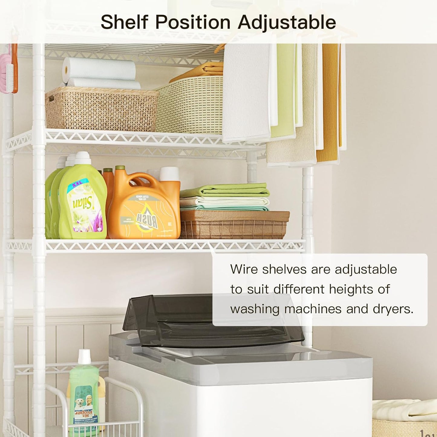 U11 Over Washer and Dryer Shelves, 3 Tiers Laundry Room Storage and Organizer Standing Shelf, Metal Freestanding Clothes Drying Rack, 33.9" W x 19.7" D x 77.6" H, Black