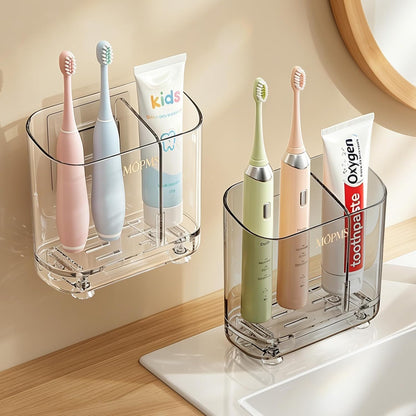 MOPMS Toothbrush Holders with Drainage for Bathrooms Countertop Organizer | 2 Slots Electric Toothbrush Holder Wall-Mount with Divider for Easy Clean, Tooth Brush and Toothpaste Holder for Bathroom