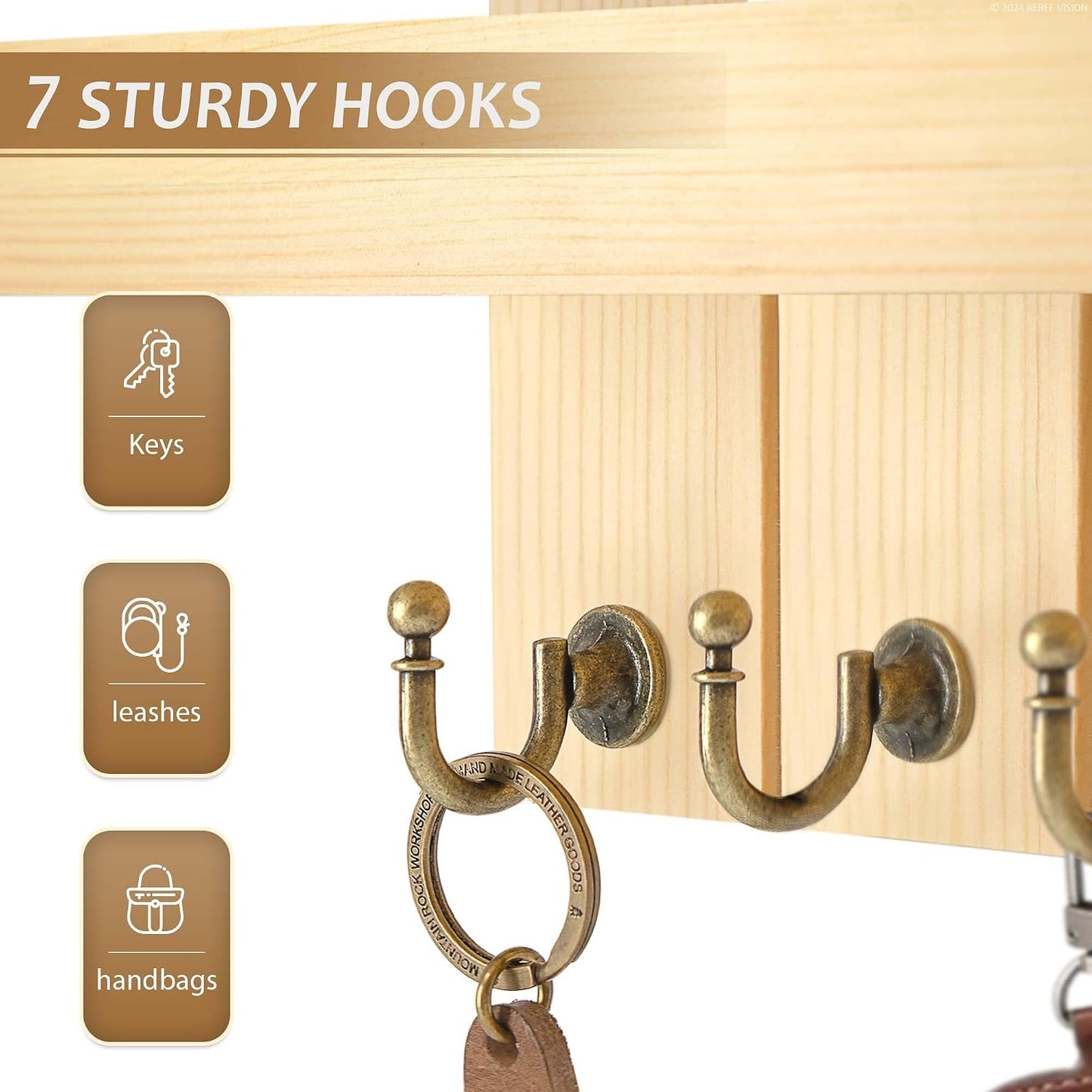 Rebee Vision Key Holder Wall Mount with 5 Key Hooks for Home Decor, Brown | 3.54'' x 10'' x 7.28'', Small Shelf for Display Plant, Key Hangers for Hat, Entryway Space-Saving Storage