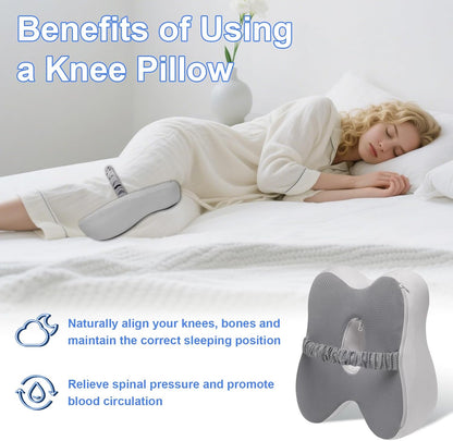 Knee Pillow for Side Sleepers Memory Foam Sciatica Pain Relief Leg Pillow, Removable Breathable Cover & Elastic Strap Grey