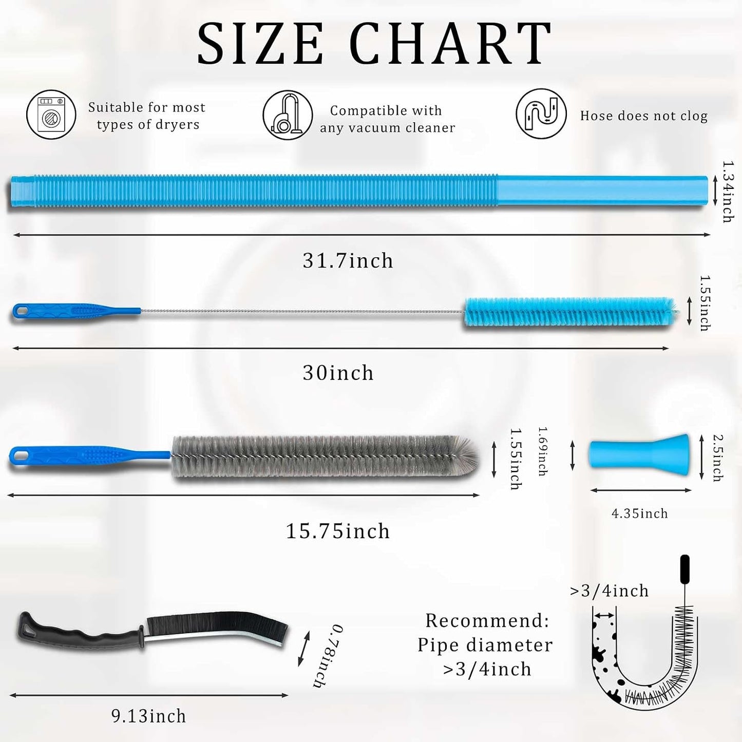 Dryer Vent Cleaner Kit - Compatible Universal Vacuum Attachment Hose with Most Vacuum Cleaner, Dryer Lint Cleaner Kit and Cleaning Brush Tools for Efficient Dryer Vent Hose Maintenance (Gray)