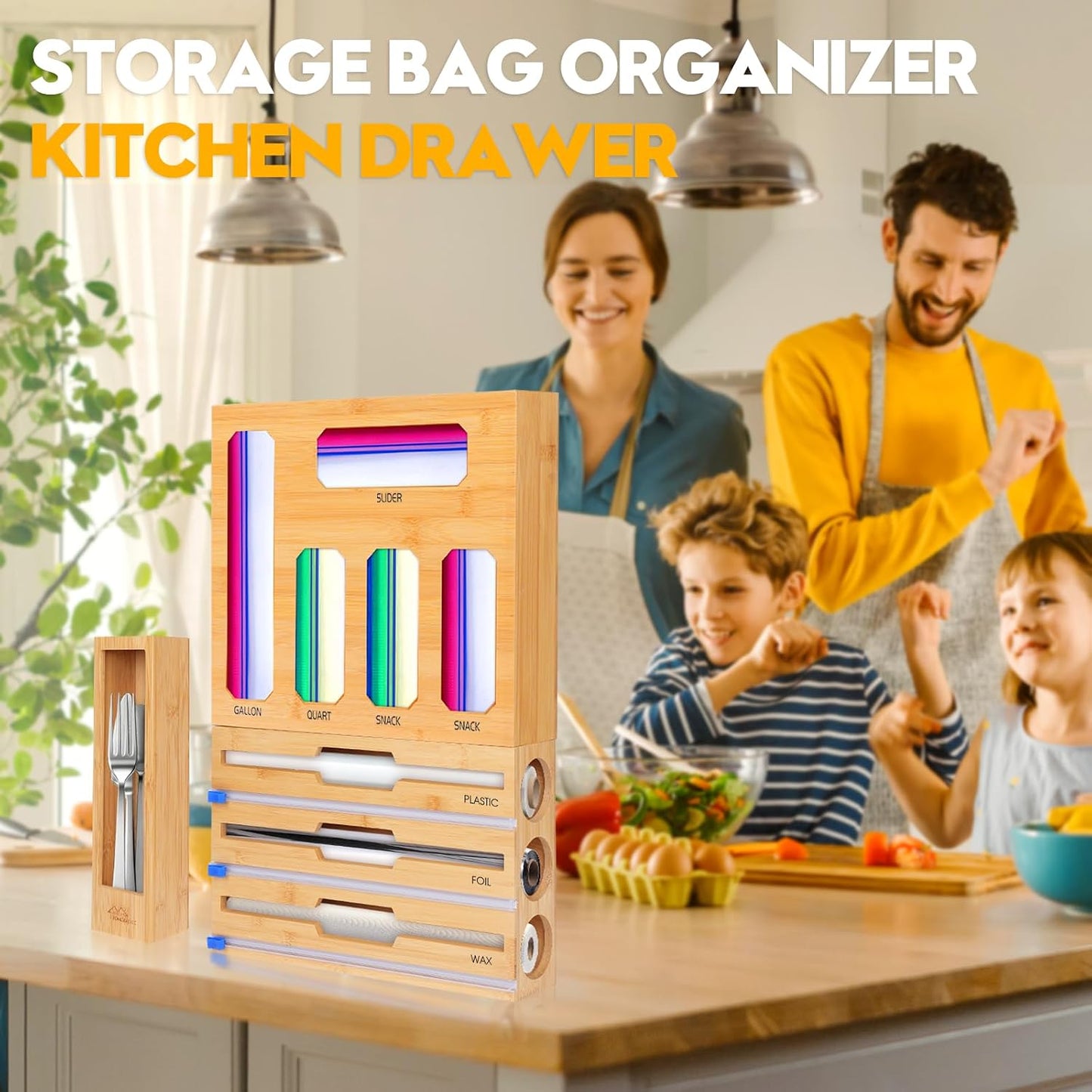 9 in 1 Foil and Plastic Wrap Dispenser with Cutter, Black Bamboo Ziplock Bag Organizer for Drawer - Holds Gallon, Quart Bags & Aluminum Foil/Wax Paper, Wall Mountable Kitchen Storage