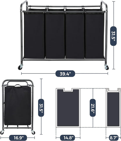 STO STO Laundry Sorter 3 Section, 3 Bag Clothes Hamper, Rolling Laundry Cart Basket with Heavy Duty Lockable Wheels and Removable Bag for Laundry Room, Bedroom, Closet, Black