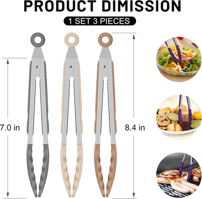 Hotec Mini Silicone Kitchen Tongs for Cooking - 7-Inch Small Serving Tongs with Silicone Tips, Set of 3 (Black,Grey,Light Blue)