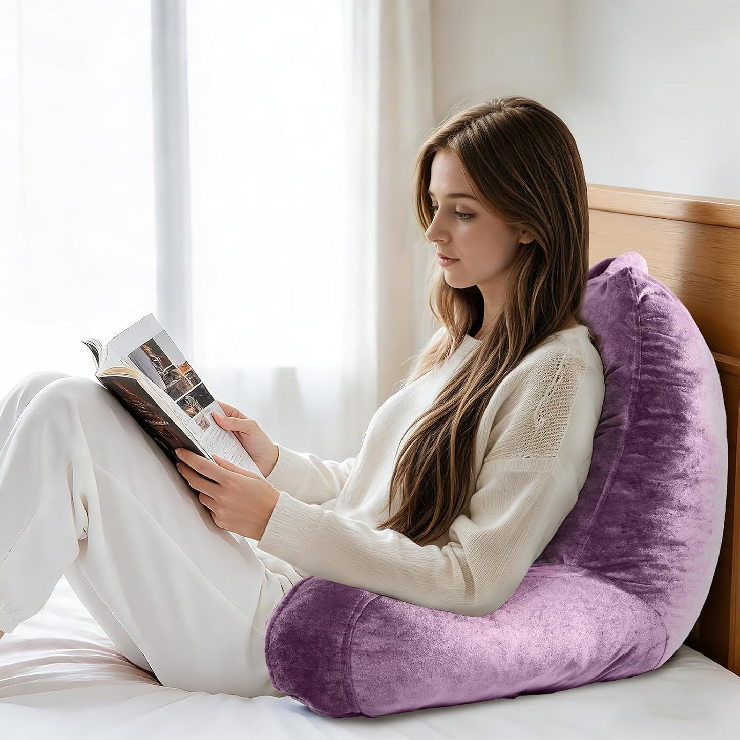 OAISZ Reading Pillow for Sitting in Bed with Shredded Memory Foam, Grey | 19-Inch Back Pillow for Sitting Up in Bed, Extended Arms, Side Pockets, Supportive Adjustable Pillow Removable Washable Cover