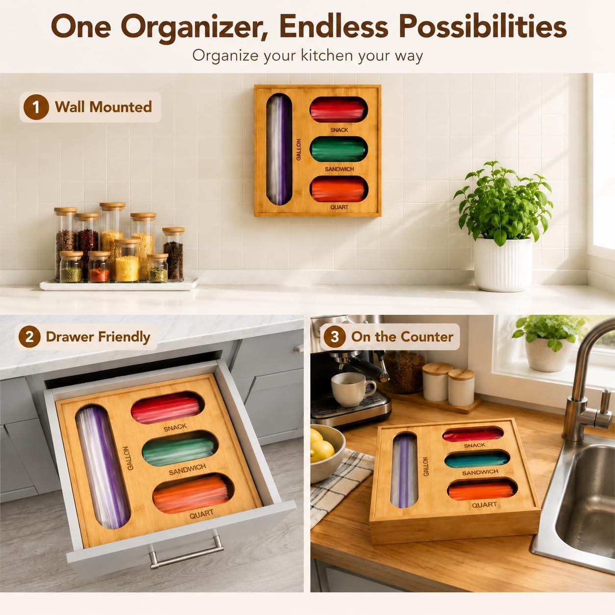 6-in-1 Bamboo Kitchen Drawer Organizer for Storage Bag, Foil & Plastic Wrap | Saran Wrap Dispenser with Cutter, Plastic & Grocery Bag Holder, Bamboo Drawer Organizer, Gallon/Quart Storage Bags