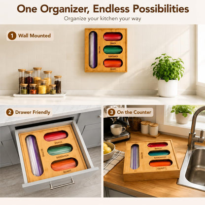 6-in-1 Bamboo Kitchen Drawer Organizer for Storage Bag, Foil & Plastic Wrap | Saran Wrap Dispenser with Cutter, Plastic & Grocery Bag Holder, Bamboo Drawer Organizer, Gallon/Quart Storage Bags