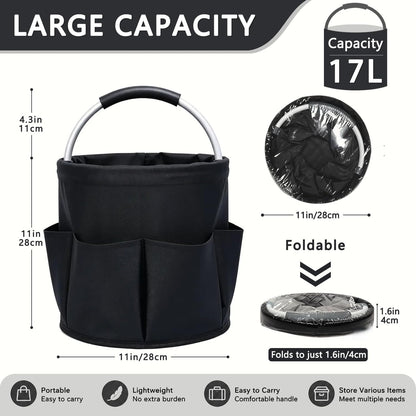 Cleaning Caddy with Handle, 17L Foldable Storage Basket, Heavy Duty 600D Oxford Cloth Organizer, Portable Supply Bag, Multi-Purpose Supplies Caddy for Home, Bathroom, Kitchen, Garden - Black