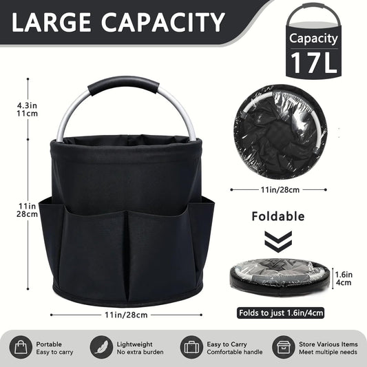 Cleaning Caddy with Handle, 17L Foldable Storage Basket, Heavy Duty 600D Oxford Cloth Organizer, Portable Supply Bag, Multi-Purpose Supplies Caddy for Home, Bathroom, Kitchen, Garden - Black