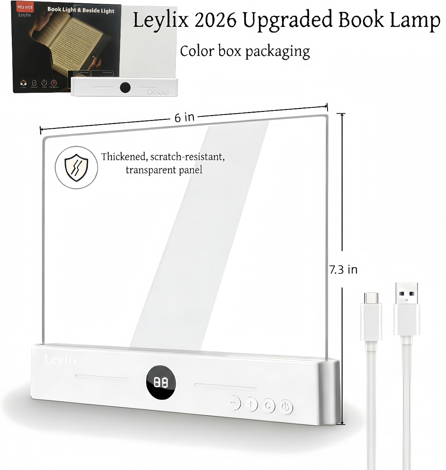 LED Flat Book Light for Reading at Night in Bed, Black | Eye-Caring, 3 Color Temperatures, Stepless Dimmable, USB Rechargeable, Portable Flat Panel Lamp for Kids & Adults