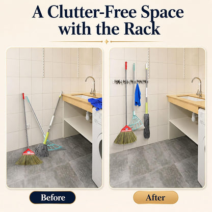 voze 5 Racks and 4 Hooks Mop and Broom Holder Wall Mount, Self Adhesive Heavy Duty Broom Hanger Organizer Storage Tool Racks for Kitchen Garden Laundry Garage