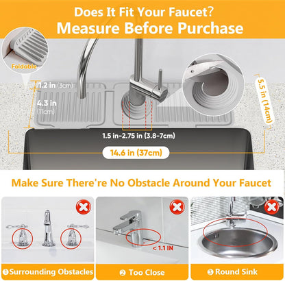 24'' Longer Faucet Mat for Kitchen Sink Splash Guard[7° Slope Fast Self-draining][Snap Lock Fit]Kitchen Sink Faucet Mat Splash Guard Kitchen Sink Area Water Splash Guard Behind Faucet Draining Mat