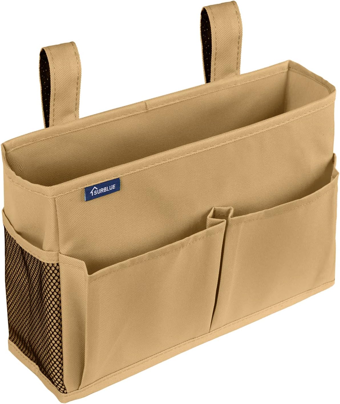 Surblue Bedside Caddy Hanging Organizer Storage Bag Pocket for Bunk, Hospital, College Dorm Rooms, Baby Bed Rails, Camp - 4 Pockets, 2 Hooks (Blue)