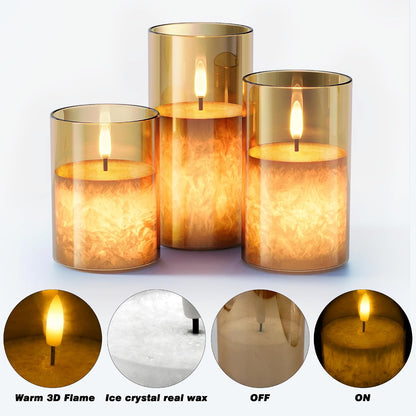 Battery Operated Flameless Candles with Remote & Timer, Gold Glass 3Pack | Real Wax Crystal Texture, D3×H4/5/6", 2/4/6/8H Timer, Dimming, Flickering Realistic LED Candles for Wedding Table Decor