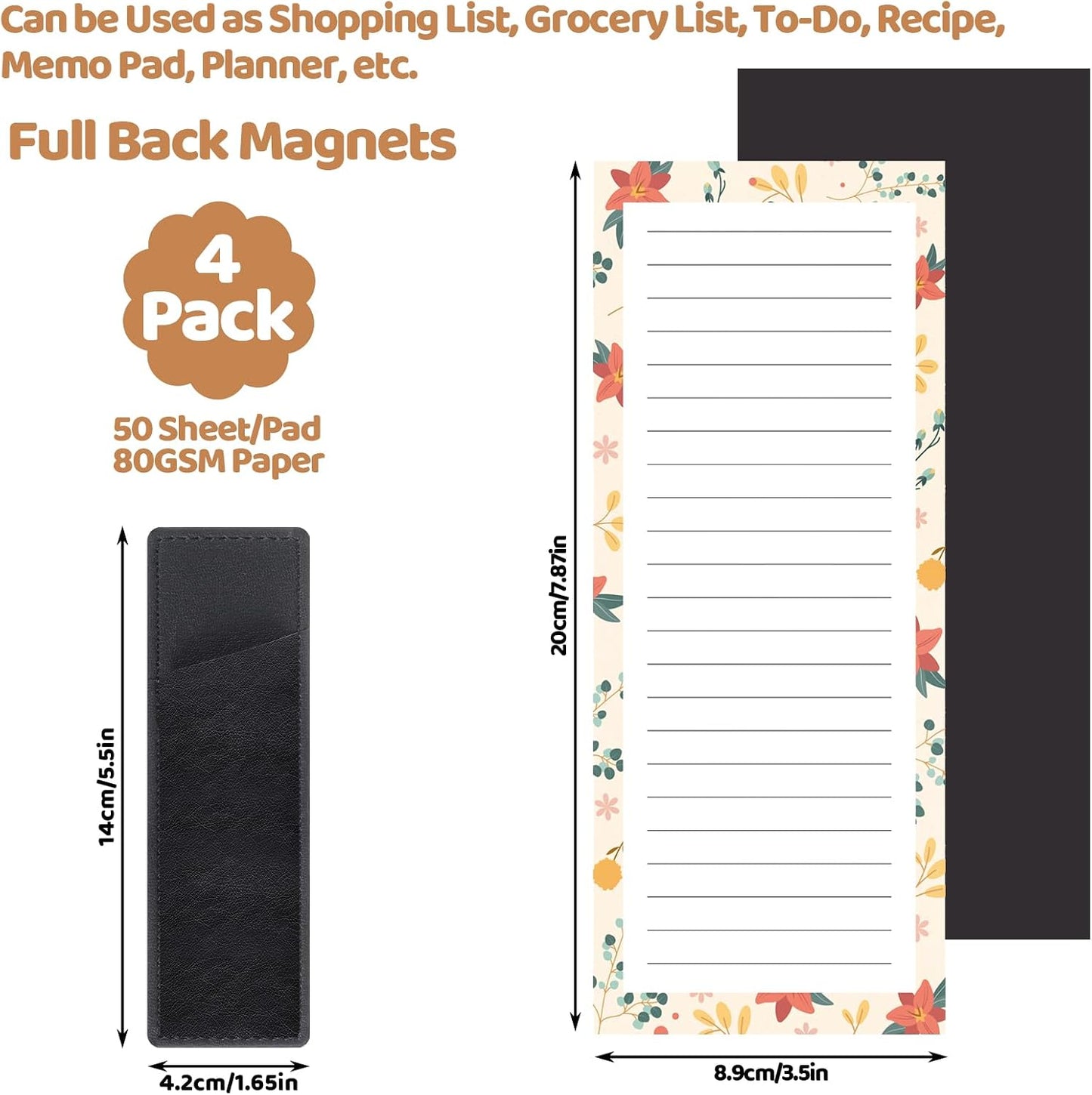 Thboxes 4 Pack Magnetic Note Pad for Fridge with Pen Holder, Totally 200 Sheets Grocery List Magnet Pad for Refrigerator Magnetic Shopping List Pad（Fruit Design） | Full-Back Magnet, 80Gsm FSC-certified Paper, School Office Home Supplies Grocery List