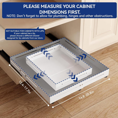 Pull out Cabinet Organizer, Full Metal Expandable Width (14.8"-20.8") & Depth (12.4"-17.7") Adjustable Slide out Drawers, No Drill Adhesive Roll out Shelves for Kitchen Pantry, White