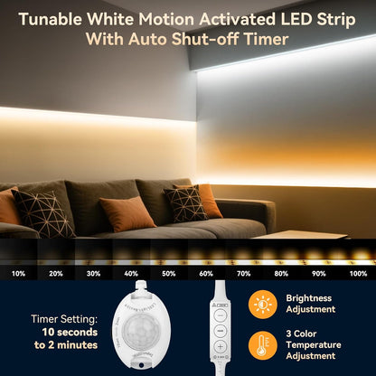 Under Bed Lights Motion Sensor LED Strip, 2 x 6.56ft 3000K-6500K CCT White | Motion Activated LED Strip Lights, Auto-off Timer, IP65 Waterproof, 12V Auto On/Off Night Lighting for Bedroom Cabinet Mirror