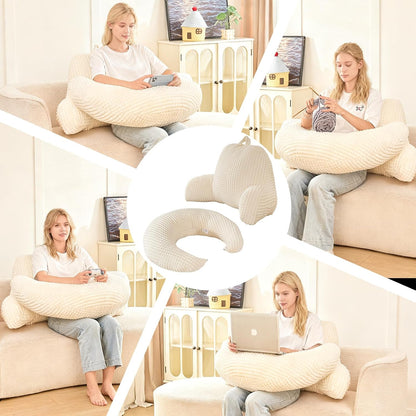 Reading Pillow with Arms for Sitting in Bed,Backrest,White Flannel,M | 17" Backrest Supports Back for College Students,Elbows & Forearms for Dorm Reading,Gaming,Watching TV
