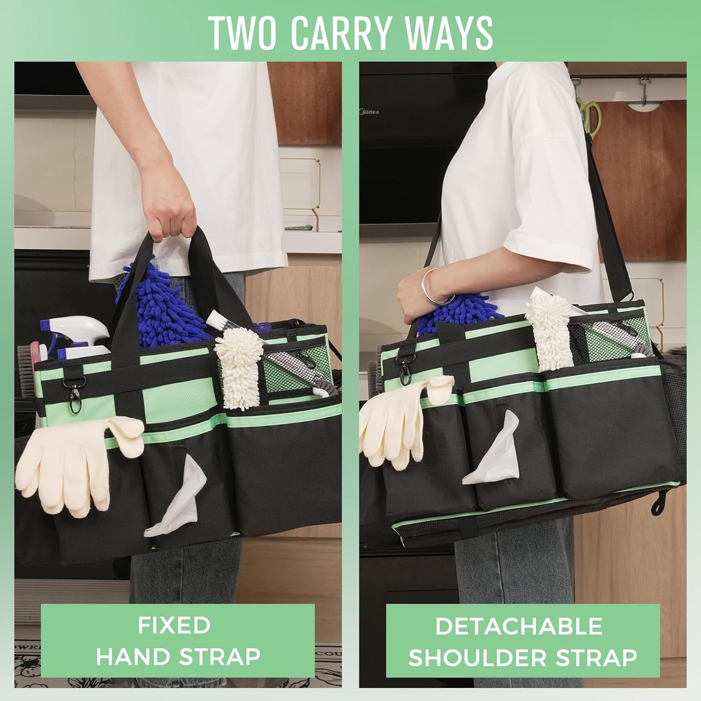 SCAVATA Wearable Cleaning Caddy, Cleaning Caddy Supplies Organizer with Handle & Shoulder Straps for Housekeepers, Under Sink & Car Cleaning Tool Organizers Bag with 4 Foldable Divider (NavyBlue)