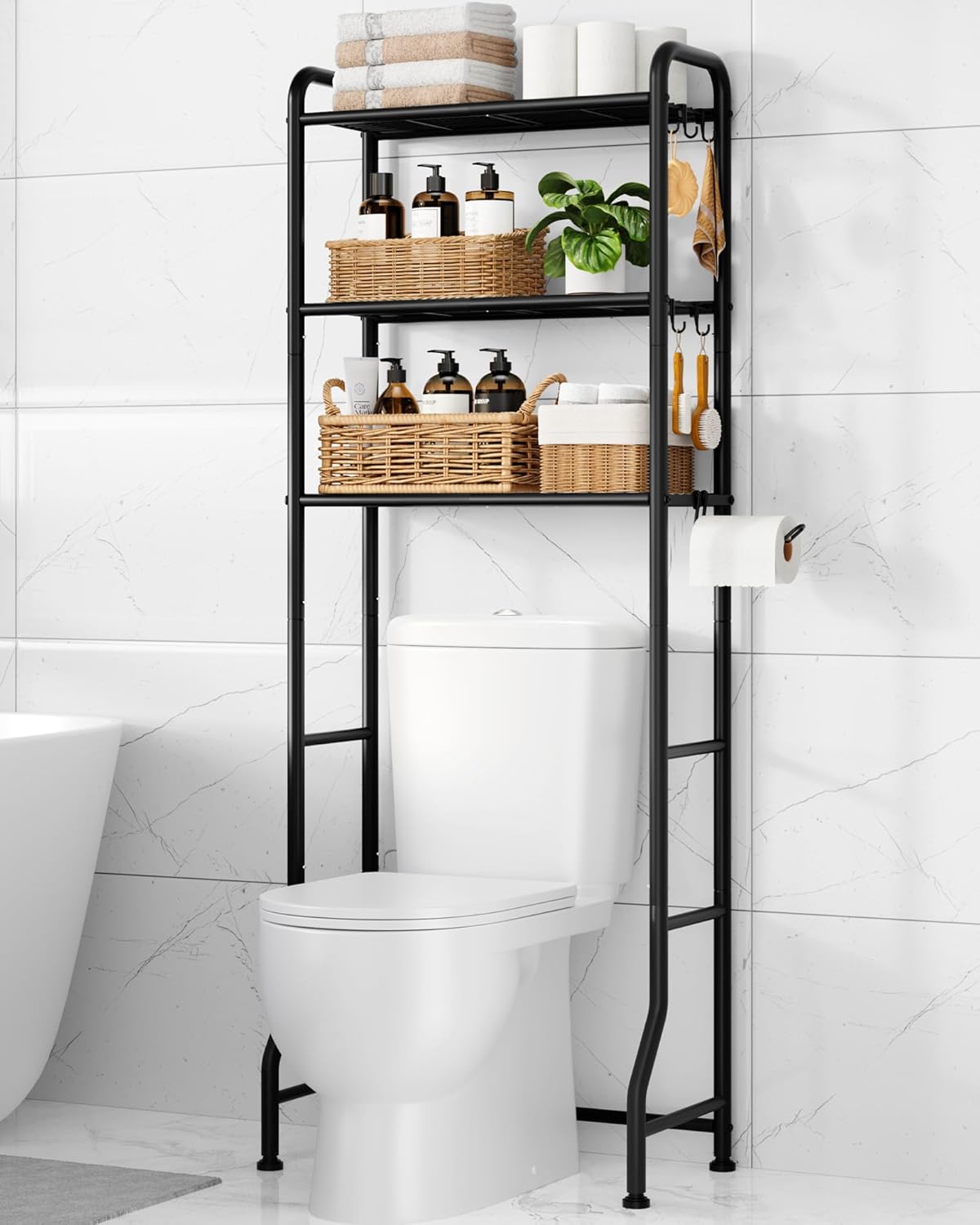 Kitsure Over Toilet Storage Rack, 63.2" H Space-Saving, Holder & Hooks | Bathroom, Laundry Room, Small Spaces, Families, Durable Metal, Black, 3 Tier