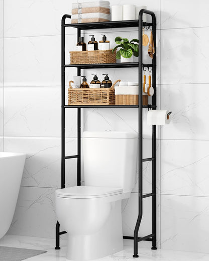 Kitsure Over Toilet Storage Rack, 63.2" H Space-Saving, Holder & Hooks | Bathroom, Laundry Room, Small Spaces, Families, Durable Metal, Black, 3 Tier