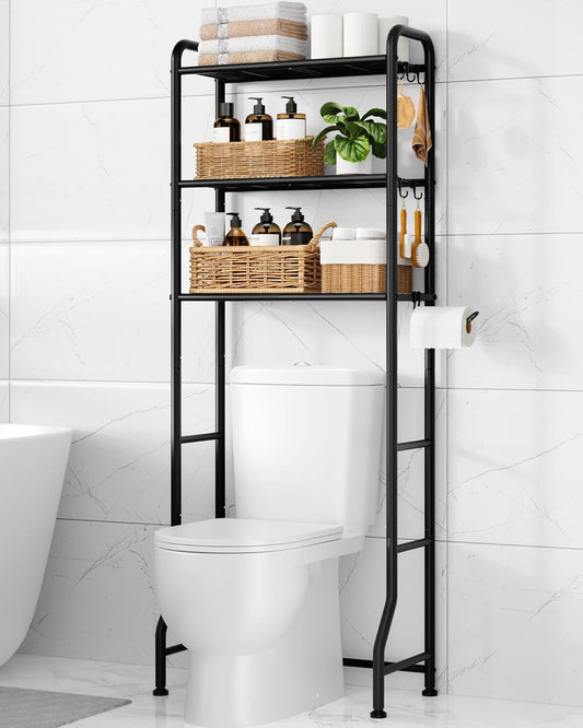 Kitsure Over Toilet Storage Rack, 63.2" H Space-Saving, Holder & Hooks | Bathroom, Laundry Room, Small Spaces, Families, Durable Metal, Black, 3 Tier