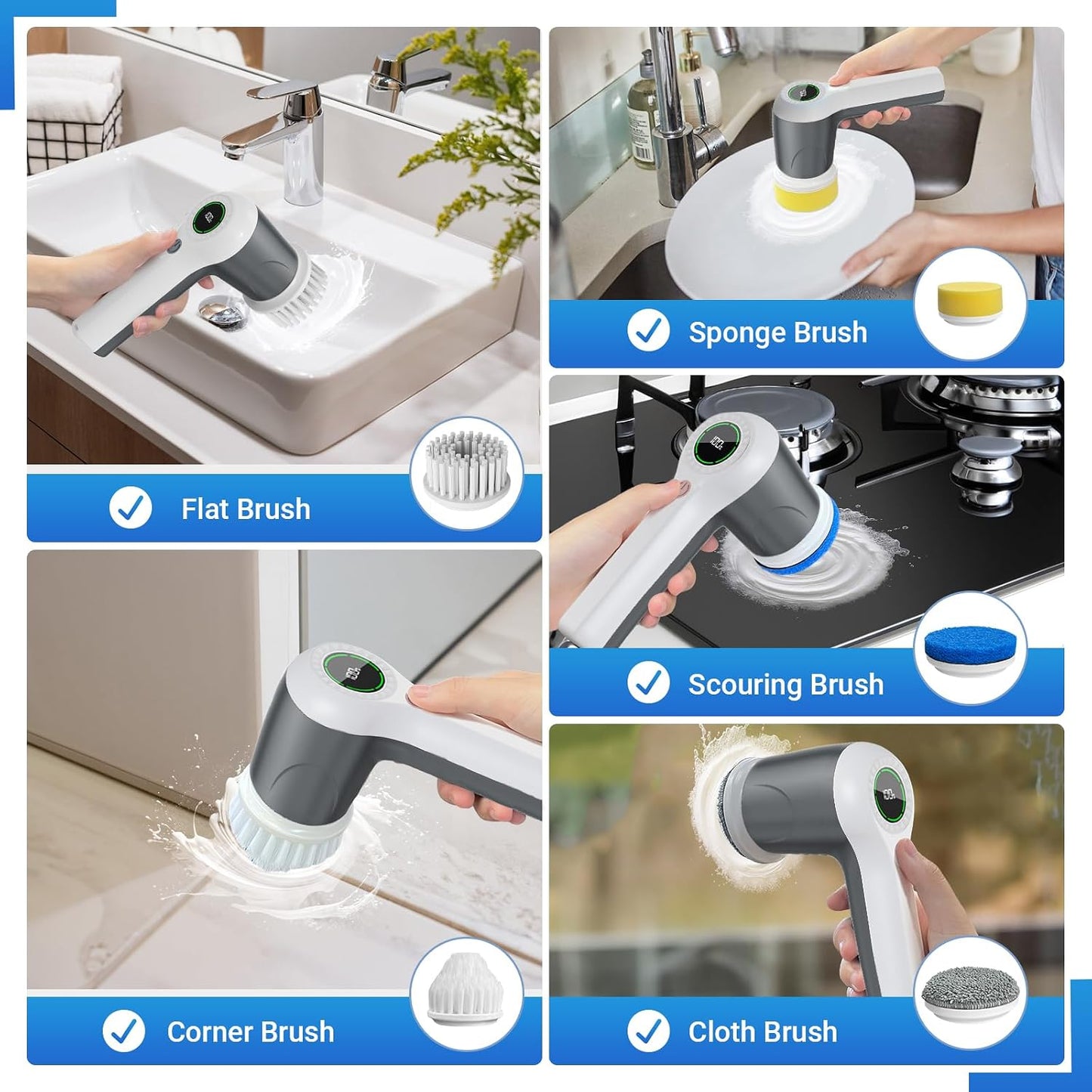 PUFTEM Electric Spin Scrubber, Cordless Shower Scrubber | Battery Level Display, Dual Speed, 6 Replaceable Brush Heads, IPX7 Waterproof, Long Runtime, Tub, Tile & Sink Cleaning