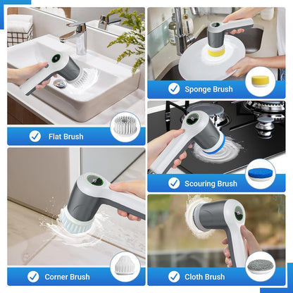 PUFTEM Electric Spin Scrubber, Cordless Shower Scrubber | Battery Level Display, Dual Speed, 6 Replaceable Brush Heads, IPX7 Waterproof, Long Runtime, Tub, Tile & Sink Cleaning