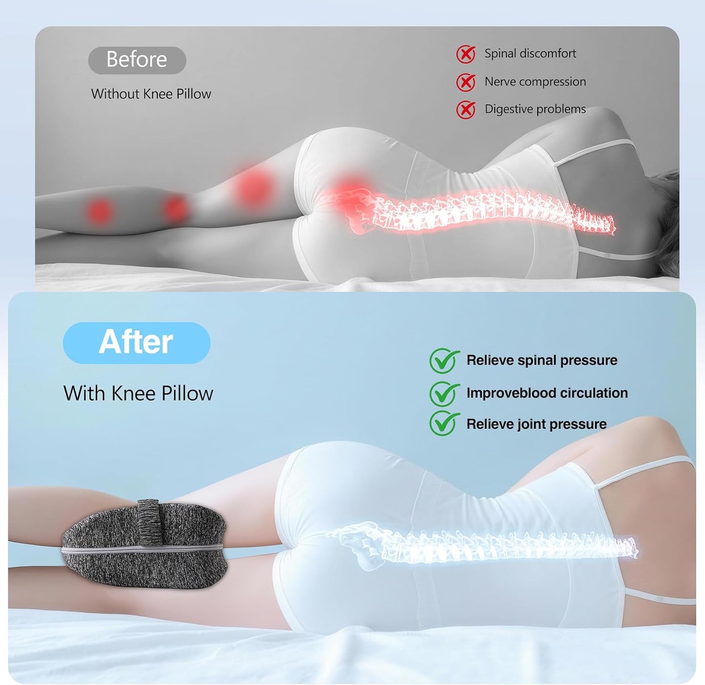 Knee Pillow for Side Sleepers, Memory Foam Leg Pillow for Side Sleeping with Strap, Alignment Pillows Between Legs for Sciatica, Back & Hip Pain Relief (Grey)