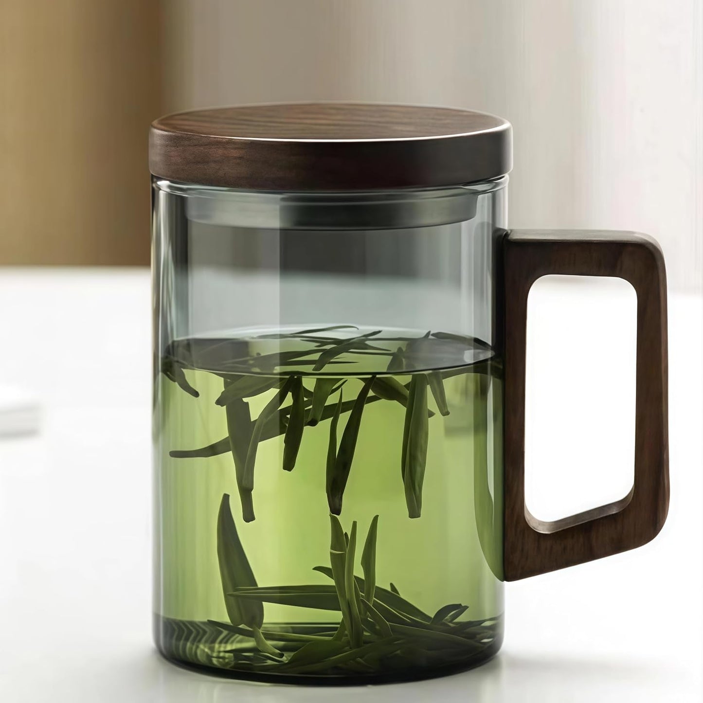 Tea Infuser Mug 400ML/15.5oz，Borosilicate Glass Infusion Mug Dishwasher Safe preferred for birthday gifts (dark green)