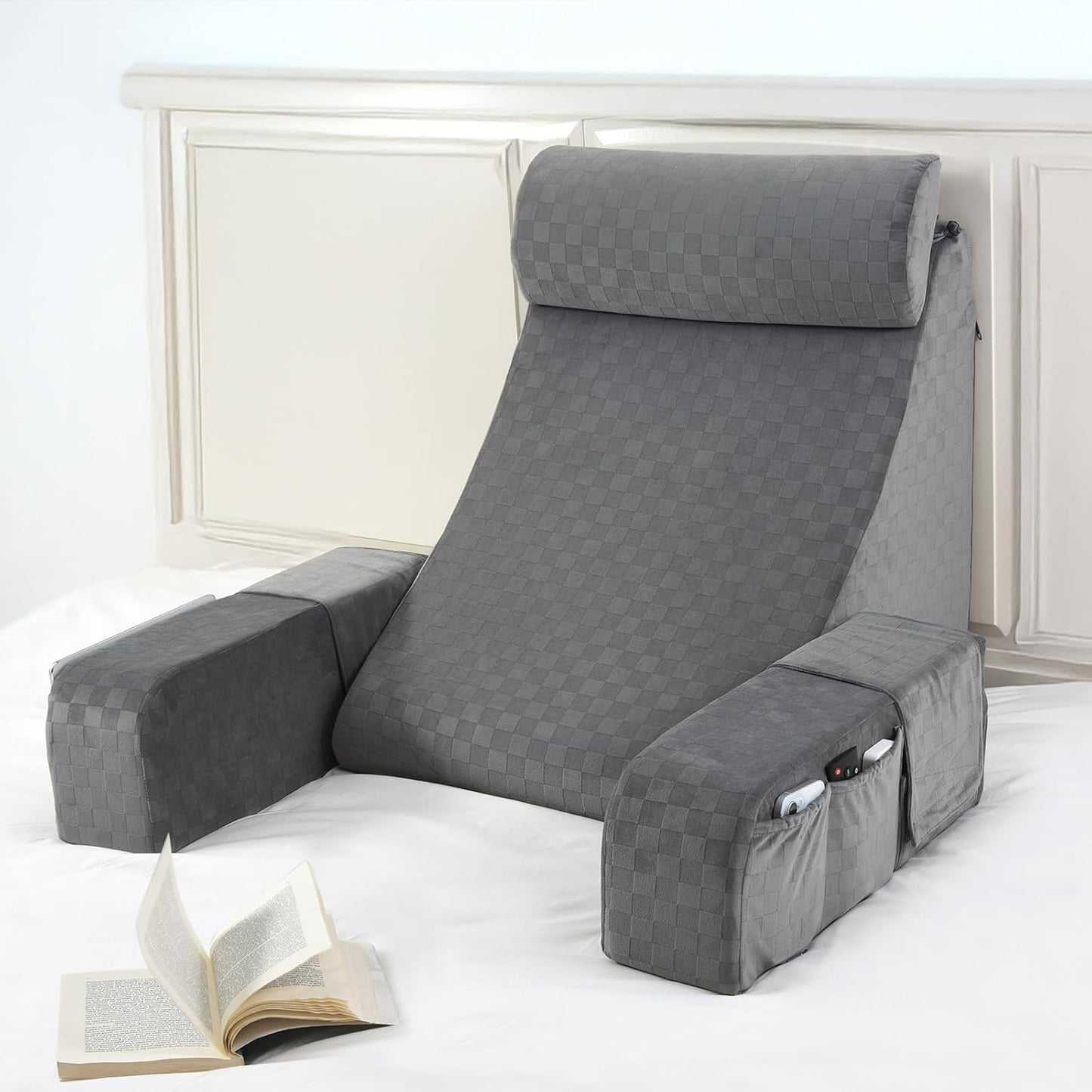 Vekkia 19'' Reading Pillow for Adults with XL Side Pockets, Adjustable Arms | 45° Back Support Chair for Sitting in Bed, Washable Cover, Perfect for Gaming, Watching TV, Relaxing, or Recovery, Gift Idea