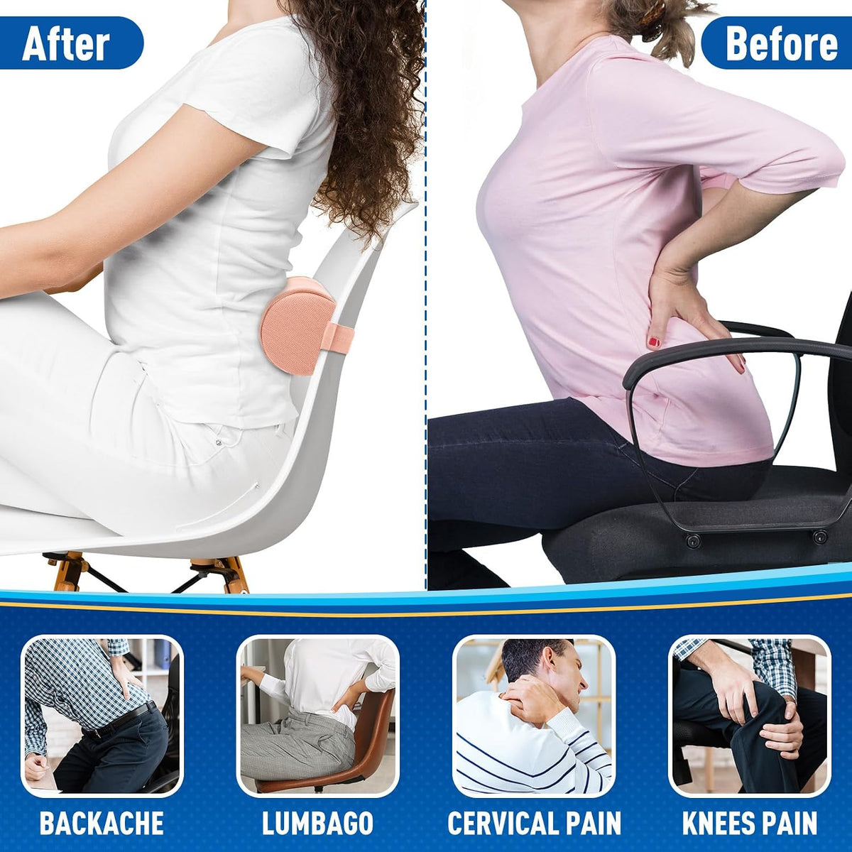 CushZone Lumbar Roll Support Pillow, Memory Foam Back Cushion, Black