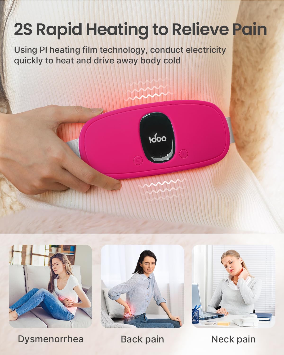 iDOO Portable Heating Pad for Period Cramps, FSA Eligible Item, Gifts for Women Girlfriend Mom Wife, Back Belly Heat Pad for Menstrual Pain Relief, with 3 Heat Levels 3 Massage | Back & Belly Wrap for Menstrual Cramps, 3 Heat Levels 3 Massage, FSA
