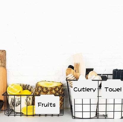 18 Pcs White Basket Labels Clip on, Removable Hanging Bin Labels for Storage Bin with Chalk Markers for Basket Kitchen Pantry