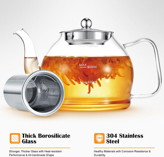 STNTUS Glass Teapot, 40 oz. / 1200 ml for Loose Tea, With Infuser and Stainless Steel Strainer, Stovetop Safe, 4-6 Cups