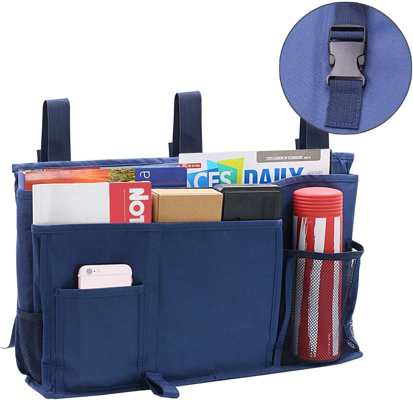 Bedside Caddy Improved With 3 POM Buckles -Hanging Organizer For Phone, Magazine, Accessory&Remote -Best For Dorm Room, Bunk Bed, Hospital Bed, Bed Rail, Headboard, Apartment, Bathroom&Travel