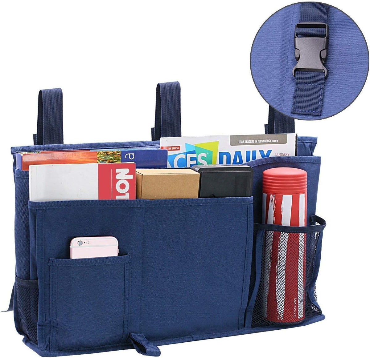 Bedside Caddy Improved With 3 POM Buckles -Hanging Organizer For Phone, Magazine, Accessory&Remote -Best For Dorm Room, Bunk Bed, Hospital Bed, Bed Rail, Headboard, Apartment, Bathroom&Travel
