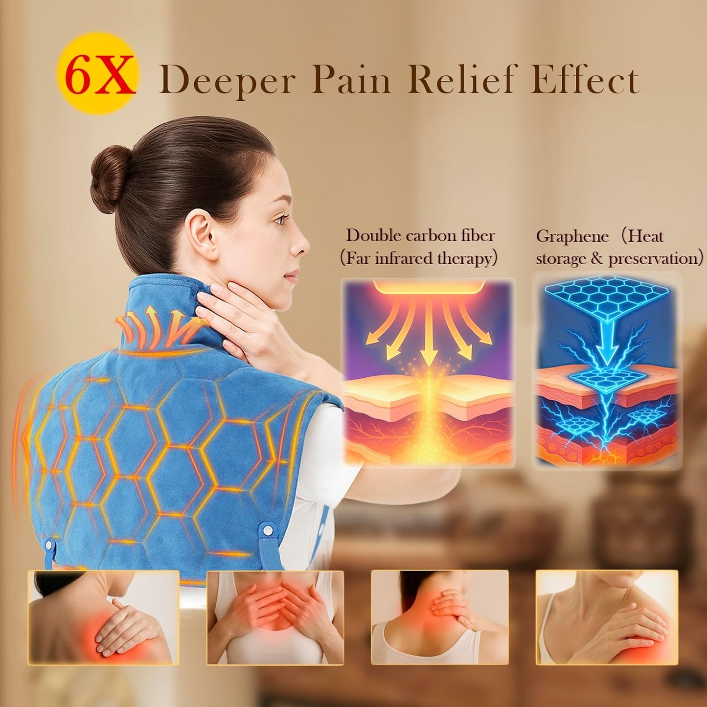 Nalax 30s Fast Heating Pad for Neck, Shoulders and Upper Back Pain Relief | 24 x 20 graphene far infrared wrap, 8 heat settings, 4H auto-off, memory function, adjustable strap, gifts for Mom Dad