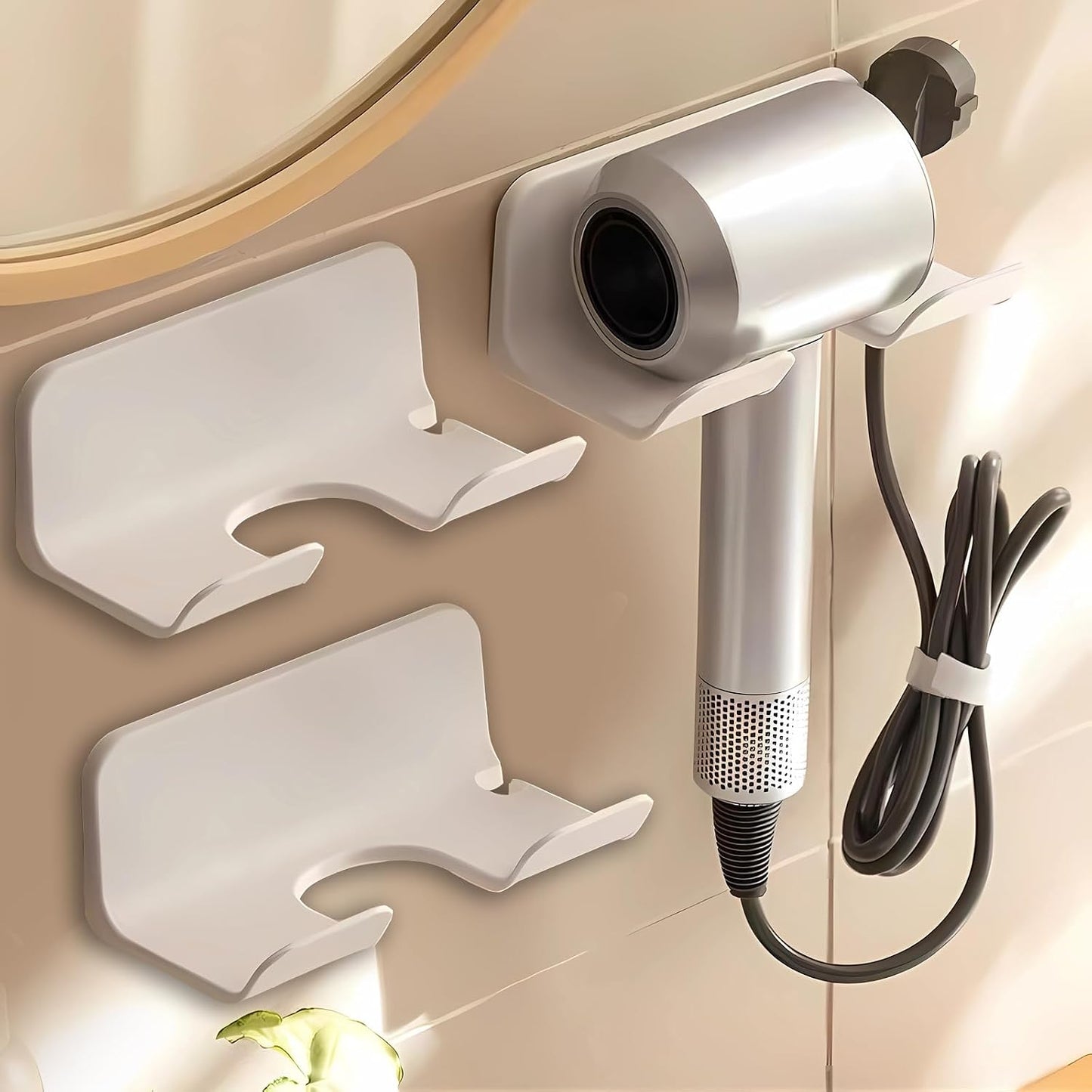 Universal Hair Dryer Holder, Self Adhesive Wall Mount, White | Universal storage rack fits most brand blow dryers, ideal for bathroom organization